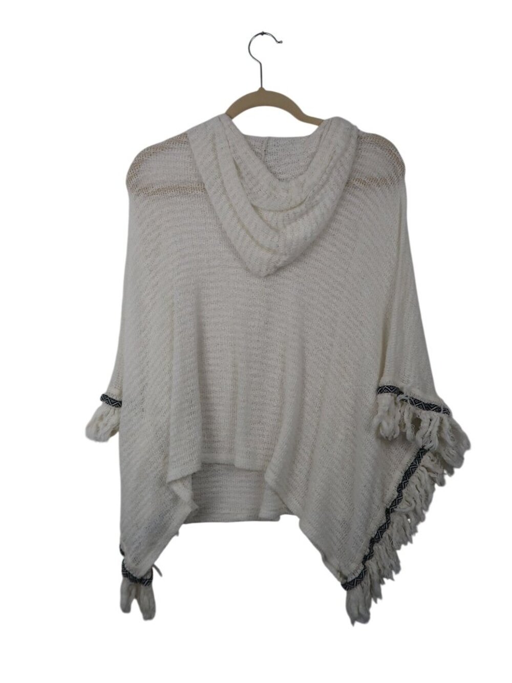 ✨3/$30 Honey Punch M Knit Hooded White Fringe Poncho Open Front Tassel Boho - Picture 3 of 4